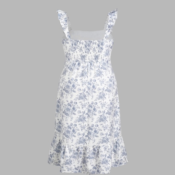 Cider - Blue & White Curve & Plus Toile de Jouy Ruffle Split Midi Dress - Picture 8 of 10